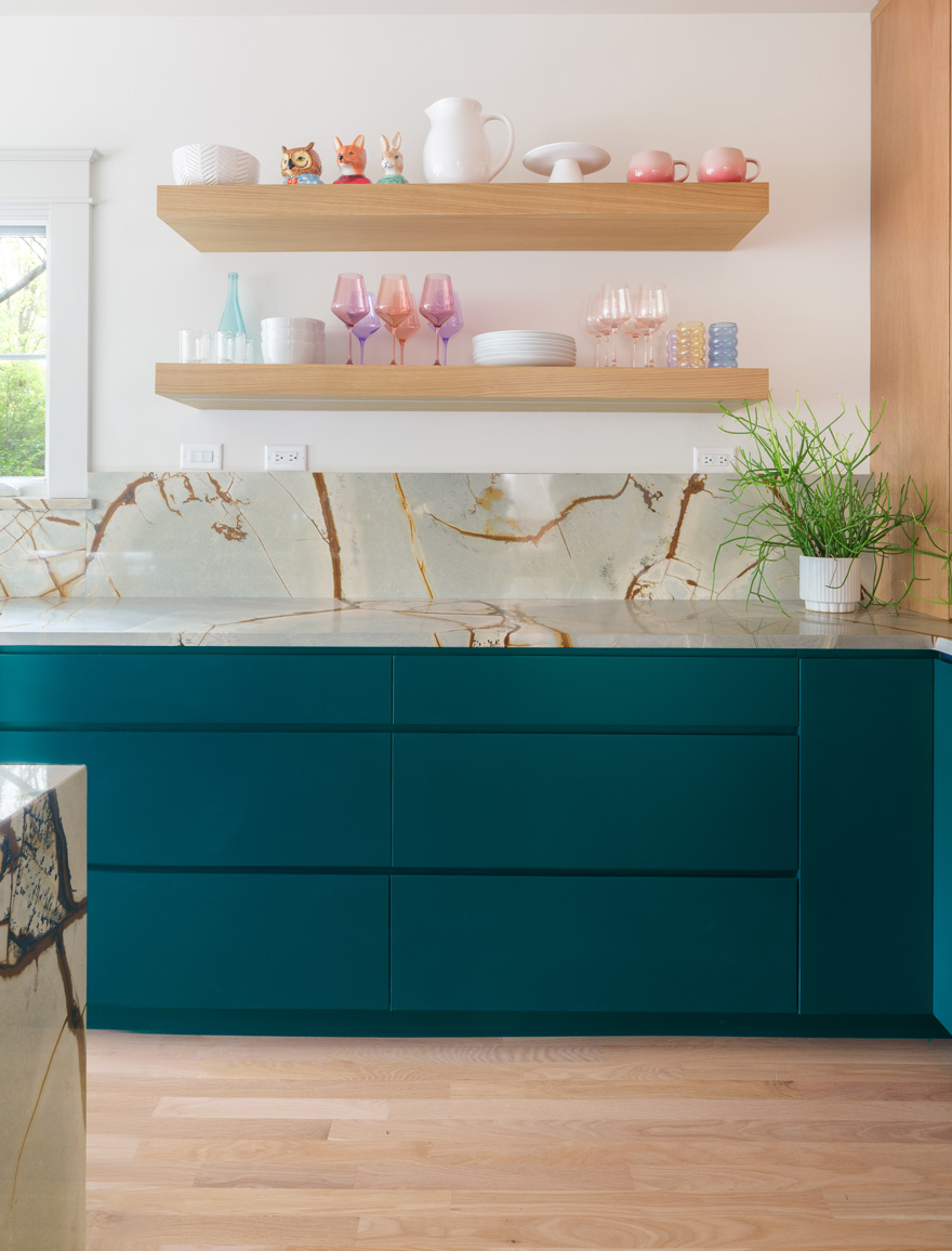 Open shelving and teal cabinetry in modern kitchen in Webster Groves, Missouri — design build remodeling company St. Louis